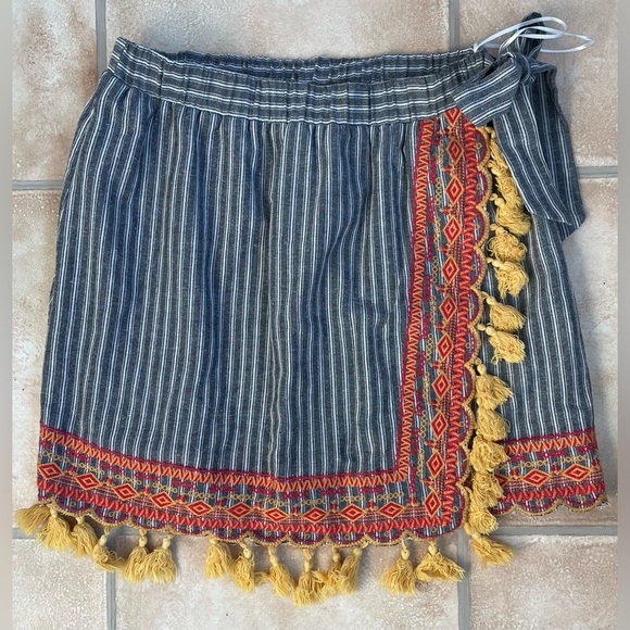 Shop the Mint Gray Striped Embroidered Wrap Short Summer Skirt With Tassels; M - Picture 1 of 6